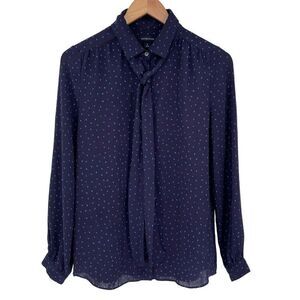 Lands' End Button Up Neck Tie Long Sleeve Blouse‎ Polka Dot Women 6 Navy Blue